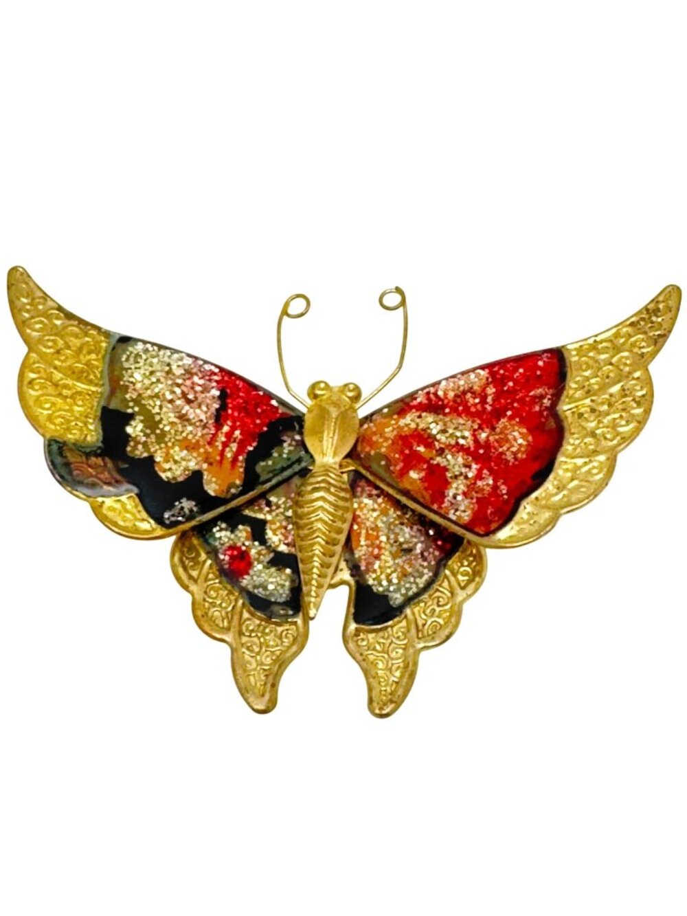 Vtg Gold-Tone Butterfly Brooch Red Black Glitter Enamel Wings Elegant 2.75"